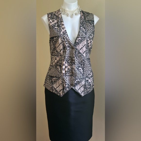 Effeci Vintage Creations Beige & Black Embroidery Button Vest SZ M Tie In Back - Picture 2 of 13